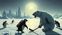 buster keaton as unstable polar growlar bear on the planet of Ceres, with some penguins with rocket backpacks playing hockey on frozen lake with astronauts, in front of ice megapolis