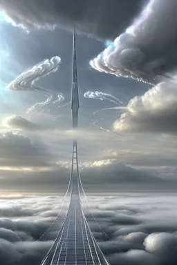 an idea is created of a bridge which has white clouds, in the style of futuristic digital art, grid formations, hall of mirrors, black and gray, photorealistic fantasies, multilayered dimensions, frontal perspective