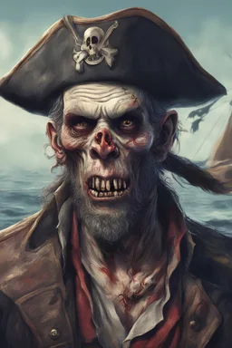 close up portrait of a zombi as a pirate, 2d drawing, background on a boat