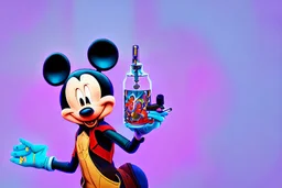 Mickey Mouse getting high with a hallucinating syringe of drugs.