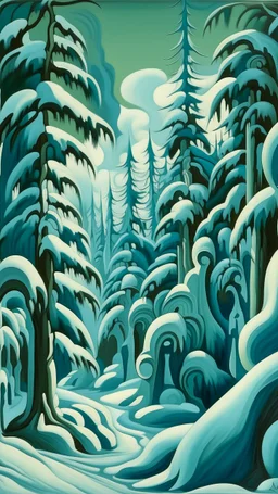 A greenish blue winter evergreen forest with hanging icicles painted by Thomas Hart Benton