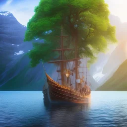 Nærøyfjorden Verdsarvpark, tree on a viking ship, in the style of pixar