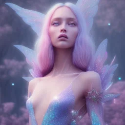 one big crystal glitter pink blue subtle galactic fairy in a galactic ambiance,glitter long blond hair down to the ground,transparent petals,blue eyes,delicate colors in the foreground, full of details, smooth，soft pink violet light atmosphere, light effect，vaporwave colorful, concept art, smooth, extremely sharp detail, finely tuned detail, ultra high definition, 8 k, unreal engine 5, ultra sharp focus