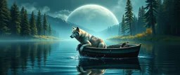 airbrush 3d rendering, wolf is being rescued from boat in lake, business logo