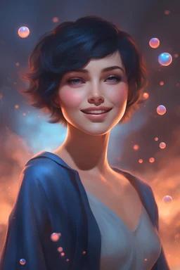 3D Bubbles, Floating hearts with an electrical current, fog, clouds, somber, ghostly mountain peaks, a flowing river of volcanic Lava, fireflies, a close-up, facial portrait of a totally gorgeous woman with short, buzz-cut, pixie-cut Black hair tapered on the sides, wide open, cobalt blue eyes, smiling a big bright happy smile, wearing a hoodie over a red bikini, in the art style of Boris Vallejo