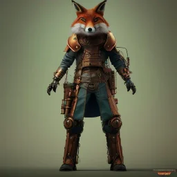 A steampunk Armor wearing Fox,cyberpunk, character design,ultra realistic,shiny, smooth, studio quality, octane render, Surrealism, Triadic colour scheme,ambient lighting polaroid, 100mm