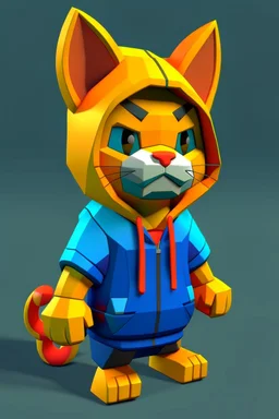 low poly nintendo 64 chracter of a happy cat in a hoodie witha retro gam on the hoodie