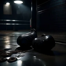 Ballet Slippers, boxing gloves,black ambient, street, wet floor, night
