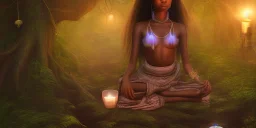 detailed beautiful african lady meditating at night with candles in an enchanted forest, fotorealistic, high quality, landscape, 17, chalice well