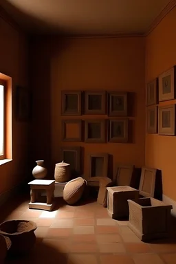 A medium-sized Arabic clay room containing a group of picture frames without any pictures