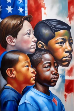 an expressive painting of 4 faces side view , a European , and African , and asian , and Hispanic, boys together in a painting, with American flag in the background, we might see a companion with features of absolute strength and determination, blended with warmth and deep faith. Perhaps his face expresses wisdom and courage, with eyes radiating confidence and faith.