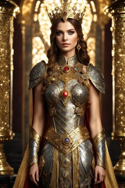 Realistic photography,front view, Beautiful Queen Byzantine fairy super model Byzantine Woman, brown hair,dressing luxury party gown,looking at viewer,traditional dress ornaments mechanical armor Byzantine traditional, intricate armor, delicate golden shine bright, black metalic parts, detailed part, jewelry diamonds,dynamic pose,abstrac background, dynamic lighting, red hour, full body portrait