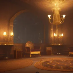 Camelot room, dark, lonely king, candle light, LCD tv, 16k quality, hyper realistic, 3d render, dramatic lighting, octane render, volumetric lighting