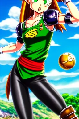 In the style of Toriyama, hyper detailed, strikingly beautiful teen female, 16 years old, long ponytail, ginger hair, green eyes, medium freckles, full lips, micro top, black leather armour lined with fur, full body, full face, tiny breasts, athletic, centred camera, ignore NSFW, thong, Videl, athletic