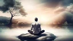 Create an image capturing the synergy of meditation, visualization, and success. Illustrate a person deeply engaged in a serene meditation posture and another moment visualizing success in their imagination. Blend these two experiences harmoniously, symbolizing an inner journey towards success