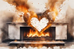 double exposure, merged layers, fireplace with dynamically blazing fire in coffee color, ink splatter art, watercolor and ink, golden glitters, double exposure heart and love