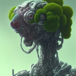 and the winner of the 'most hilarious punk robot' title is: a beautiful full frame portrait digital painting of futuristic broccolipunk robot, wide angle view, extreme close-up, macro lens, centered camera, titanium accents, intricate details, colorful, 8k, least ambient occlusion, volumetric lighting, volumetric clouds