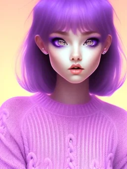 kawaii girl, purple hair, cute, semirealistic, sweater, close up portrait