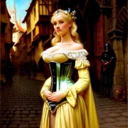 fullbody portrait 'beautiful blonde busty medieval woman on street in medieval city',corset,painting by gaston bussiere, greg rutkowski, yoji shinkawa, yoshitaka amano, tsutomu nihei, donato giancola, tim hildebrandt, oil on canvas, cinematic composition, extreme detail,((fit full head inside picture)),32k
