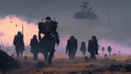 marching machine soldiers, creepy landscape, techno gothic visual composition, science fiction painting, Denis Sarazhin, Quint Buchholz, Simon Stålenhag, Neil Blomkamp, Christopher Shy, Alejandro Burdisio, RAW, gritty high contrast, atmospheric horror, unsettling art, dark palette, harsh colour