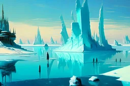 ice, lagoon, seashore, distant futuristic city, epic, sci-fi, edouard manet painting