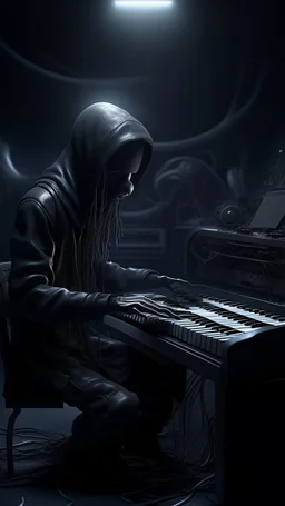 A synth player in a band are tied to their musical instruments ,surrealism of the dark of a nightmare ten miles high and six foot deep, hyper photorealistic, hyper detailed dark art color, high resolution, fog, octane render, tilt shift, HDRI Environment, all pictures dark gray