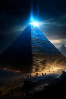 simulacra in front of pyramid of Babel. 4 k, down light, depth of field, trending art, spray paint, high detail, fantasy art, alien connection, future tech