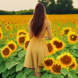 woman standing in sunflower field, back, windy, long brown hair, yellow dress