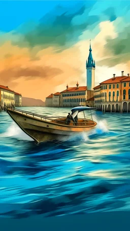 Dolphin jumping high in the city of Venice water over a tourist boat painting style