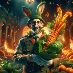 victory portrait of crazy cook army officer holding huge carrots rockets inside grove with fluffy hare with mutations getting blasted by explosions, 4 k, down-light, soft light, depth of field, photo realism, trending on art station, high detail, spray paint