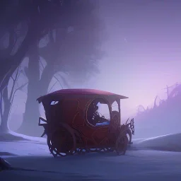 Boy stow away in magical carriage at night Nick Harris style