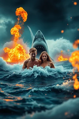 18-year-old Scott Kendall and 15-year-old Judi Ott emerging from a tumultuous sea amidst a stormy backdrop, with a great white shark looming in the background, a conflagration of fire and explosive effects, ambient lighting, professional composition, infused with a mix of elegance and futuristic aesthetics, ultra-realistic, mystical undertones, sharp focus capturing every water droplet and flame, rational placement of subjects within a cinematic frame, epic atmosphere,