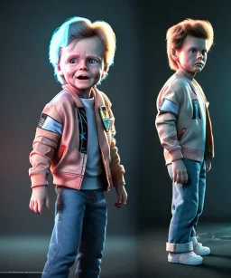 Marty mcfly toddler, Emmet brown toddler, full body, delorean, dramatic lighting, hyper realistic