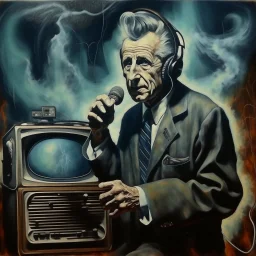 Profound matte oil painting movie poster aesthetic, "CREEPING WAVES", double exposure spooky old wild bushy-haired shabby ill-fitting suit wearing radio broadcaster with crepey mottled skin speaking into an old-time radio microphone, sinister transistor radio set to 87.9 broadcasting ethereal abominations, Dramatic, creepy, oddball masterpiece, sfumato, complex contrast, dynamic composition, grand design