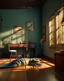 Room scene with alligator sleeping, Wes Anderson styler, concept art, smooth, unreal engine 5, god lights, ray tracing, RTX, lumen lighting, ultra detail, volumetric lighting, 3d.