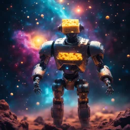 space robot covered with glowing cheese, nebula particles in air, in space, galaxy in background, bright colors, glowing sparkle particles, dark tone, sharp focus, high contrast, 8k, incredible depth, depth of field, dramatic lighting, beautifully intricate details, clean environment, epic dynamic scene