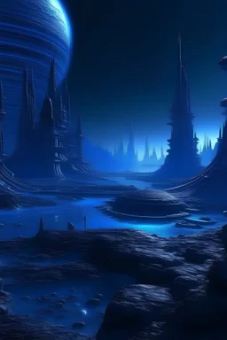 alien planet hive city night blue light