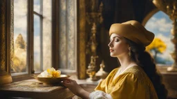 Style Jan Vermeer, relaxation, dream world, calm beauty, fantasy world, magic, heaven, celestial, beautiful composition, exquisite detail, 135mm lens