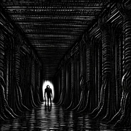 4 demons lurking in the shadows under a bridge, giant demon standing on a bridge, digital artwork, hr giger style