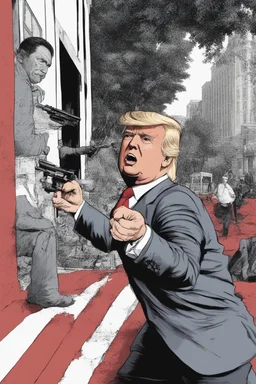 Donald Trump looking directly at the cameras and defiantly flips them off after being shot in the ear by an assassin