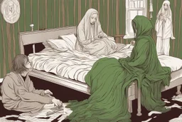 a knitted girl sitting on a bed and vomiting green lines, an exorcist priest standing next to her bed in a room in candlelight at night