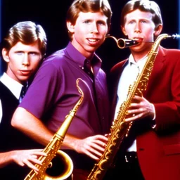 REd-haired Ron howard Is richie from happy days playing his saxophone with "closed-eyelids", rock band, embouchure, joanie cunningham