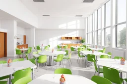 A 3D hyperrealistic 3D image in 4K resolution of a modern party and birthday room (about 100 sq m) with arranged tables, big windows , green chairs, lots of light and a kitchenette.