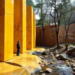 Un'immagine di un paesaggio naturale con marmi gialli imponenti accanto a strutture artificiali verticali e alberi. Queste strutture sembrano blocchi rettangolari riflettenti, come colonne che creano un contrasto tra il naturale e l'artificiale. Persona osserva. Pareti marroni con venature e solchi. Torrente scorre placido. La scena trasmette un senso di sospensione e dialogo tra elementi organici. Dettagli degli specchi e delle rocce molto accentuati