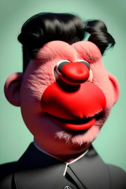 Waist up muppet Portrait, Kim Jong-un muppet doll, black suit, photo studio, red background, unreal engine 5, concept art, art station, god lights, ray tracing, RTX, lumen lighting, ultra detail, volumetric lighting, 3d.