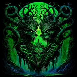 fantastical, frightening, Two Carrion Talismans festered in a septic void, deep colors, moody, profound, lovecraftian, visceral, avant-garde heavy metal album cover, green hues