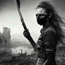 women, faces covered in black masks, ragged clothes, holding flag, war-torn, destroyed city in the background, 8k resolution, hyperrealistic, detailed matte painting, b&w, dynamic lighting, war, anarchy, terrorists