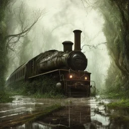 an abandoned train on tracks overgrown by nature with large puddles of water flooding part of tracks, 8k resolution, high-quality, fine-detail, intricate, digital art, detailed matte, volumetric lighting, illustration, 3D octane render, brian froud, howard lyon, selina french, anna dittmann, annie stokes, lisa parker, greg rutowski