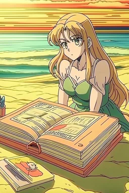 drawn in 90s anime style, retro anime style, 1 singular Book lying with a cover on table the cover depicting a woman on the beach, medieval grimoire, no people, no cluter