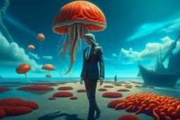 woman in a form-fitting suit, standing on a beach of an alien world, watching mushrooms with jellyfish tentacles in the sky, photorealistic, Detailed Matte Painting, Deep Colour, Fantastical, Intricate Detail, sunshine